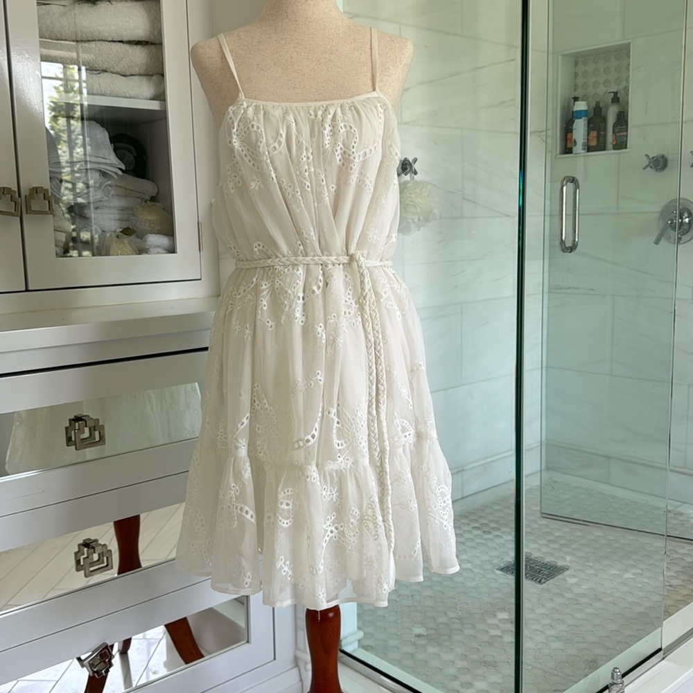 Aqua white eyelet mini dress with tie belt. Worn once. Very good condition.